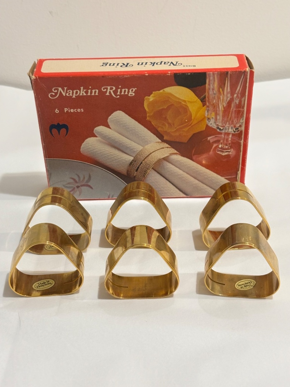 Vintage brass napkin rings SET OF SIX with name card slots made in Hong Kong